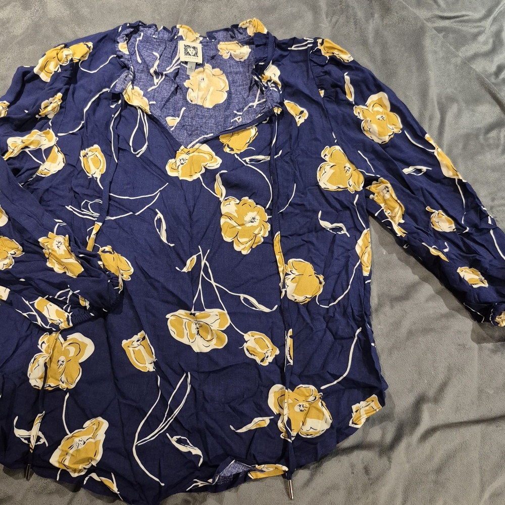 Anne Klein Blue and Gold Floral Wrap Blouse